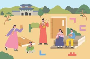 Korean old city background. King Sejong is holding a book by making Hangeul. People are reading books. flat design style vector illustration.