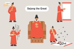 A collection of various actions of King Sejong who is making Hangeul. flat design style vector illustration.