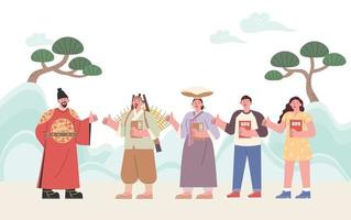 People of the past and present are grateful to King Sejong. People making thumbs up gesture. flat design style vector illustration.