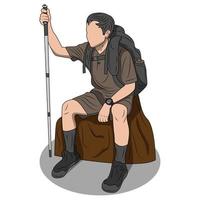 the man with the stick is sitting resting after mountain tracking vector