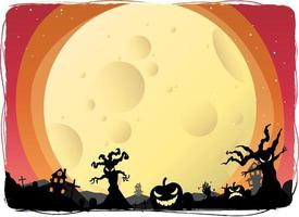 Halloween night background, pumpkins, and dark Silhouette trees with a spooky fall moon. vector illustration.