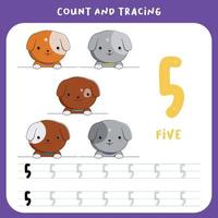 Tracing numbers worksheet,number five with cute puppy vector