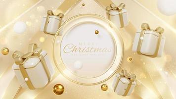 Christmas background with golden circle frame and gift box decoration and sparkling light elements and bokeh. vector