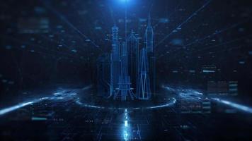 3D-Animation einer futuristischen Stadt mit Hud und Hi-Tech-Hintergrund video