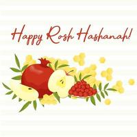 Congratulations on Rosh Hashanah. A postcard with fruit on a striped background. vector