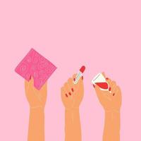 Hands holding tampon, menstrual cup and  gasket,napkin. Vector. All elements are isolated vector