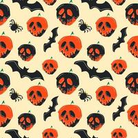 Seamless pattern with cute halloween an apple with a skull face cartoon characters. Vector