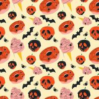 Seamless pattern with cute halloween cupcakes, ice cream, donut cartoon characters. Vector