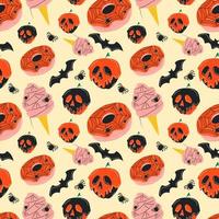 Seamless pattern with cute halloween cupcakes, ice cream, donut cartoon characters. Vector