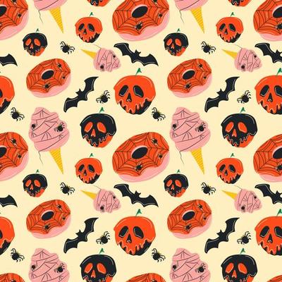 Seamless pattern with cute halloween cupcakes, ice cream, donut cartoon characters. Vector