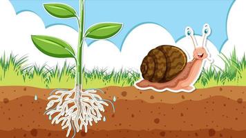 diseño en miniatura con caracol y raíces de plantas en el suelo vector