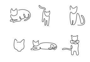 One continuous single line hand drawn of cute cats pose isolated on white background. vector