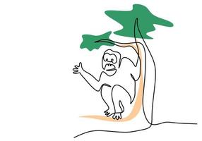 una sola línea continua de orangután sentado debajo del árbol vector