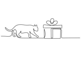 One continuous single line of cat and gift for international cat day vector