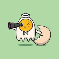 Cute cartoon fried eggs sailor using binocular vector