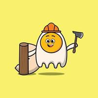 Cute cartoon fried eggs carpenter with ax and wood vector