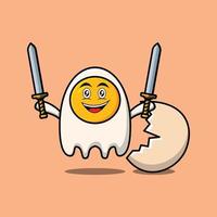 Cute cartoon egg character holding two sword vector