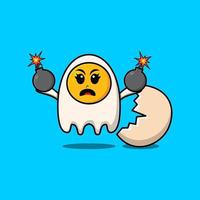 Cute cartoon fried eggs holding bomb with scared vector