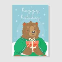The design of a New Year's Christmas card with a bear in a sweater with a gift and the text happy holiday. Vector illustration card.
