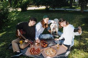 compañía de hermosos jóvenes y perros almorzando al aire libre. foto