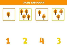 Counting game for kids. Count all autumn trees and match with numbers. Worksheet for children. vector