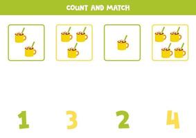 Counting game for kids. Count all cacao cups and match with numbers. Worksheet for children. vector