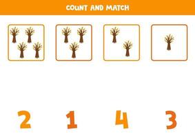 Counting game for kids. Count all autumn trees and match with numbers. Worksheet for children. vector