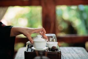 Process brewing tea. Woman steeping herbal tea photo