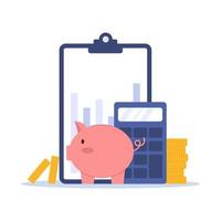 Piggy bank, paper tablet, calculator and golden coins vector