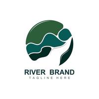 diseño del logo del río, vector de la cala del río, ilustración de la orilla del río con una combinación de montañas y naturaleza, marca de producto