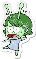 distressed sticker of a cartoon shocked alien girl vector