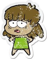 distressed sticker of a cartoon tired woman vector