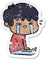 distressed sticker of a cartoon boy crying vector