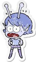 distressed sticker of a cartoon shocked alien girl vector