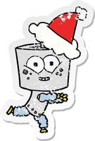 feliz pegatina angustiada caricatura de un robot con gorro de Papá Noel vector