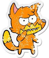 distressed sticker of a cartoon grinning fox vector