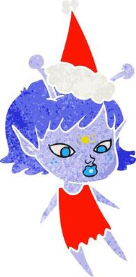 pretty retro cartoon of a alien girl wearing santa hat