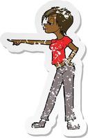 retro distressed sticker of a cartoon hip woman pointing vector