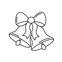 Jingle bells isolated. Vector outline illustration of two bells with bow. Christmas design element black sketch on white background