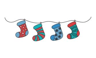 Hanging Chrismas socks. Vector funny colorful doodles. Outline hand drawn illustrations of cute isolated festive stockings for gifts on white background