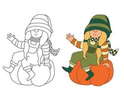 Gnome girl sitting on pumpkin. Hand drawn doodle vector illustration. Black outline. Great for coloring books.