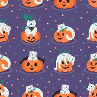 Halloween seamless patterns with cute cats and Jack o lanterns pumpkins on purple background. Hand drawn flat illustration. vector