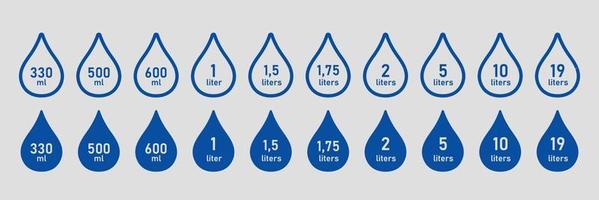 Water Capacity symbols between 330 millilite and 19 litres. A drop of liquid with a value. Measure of volume.  Vector illustration