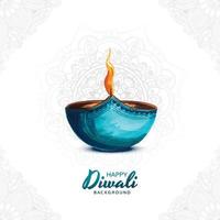 Illustration of burning watercolor diya on happy diwali card background vector