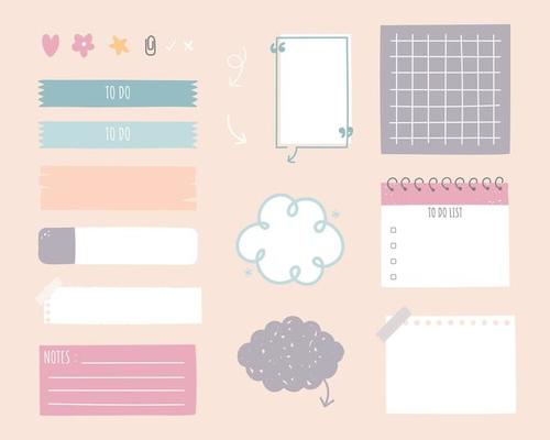 collection set of cute hand drawn, doodle blank sticky note pad with tape, speech bubble balloon think, speak, talk, note pad, memo, text box banner reminder planing, flat design, vector, illustration