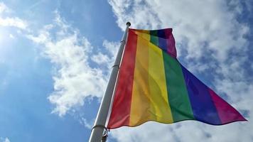 arcobaleno orgoglio bandiera in movimento nel il vento su un' soleggiato giorno. lgbt Comunità simbolo nel arcobaleno colori. video