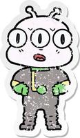 distressed sticker of a cartoon three eyed alien vector