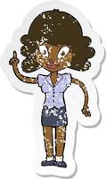 retro distressed sticker of a cartoon happy woman with idea vector