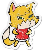 distressed sticker of a clever cartoon fox vector