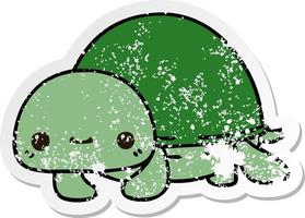 distressed sticker of a quirky hand drawn cartoon turtle vector